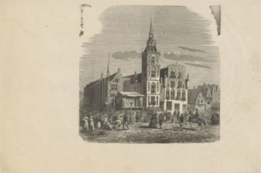 Dam in Amsterdam in the Middle Ages with a figure on a podium before a large audience