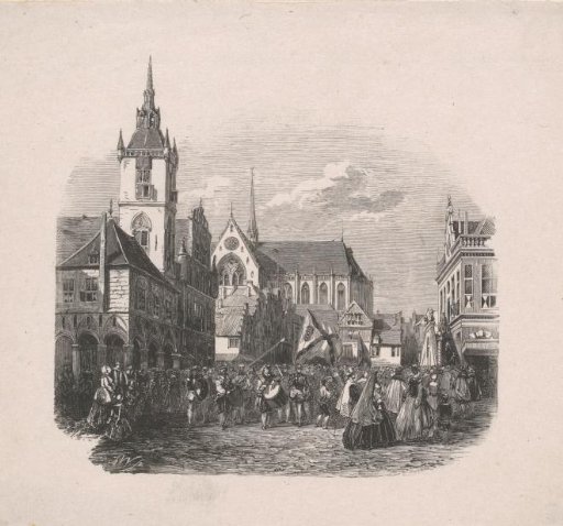 Dam in Amsterdam in the Middle Ages with celebrating figures before the Old Town Hall and the New Church
