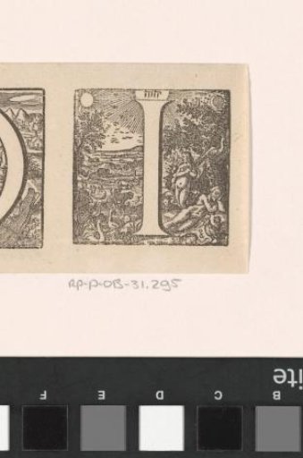 Letter I in a Frame with a Depiction of Adam and Eve Surrounded by Animals in Paradise