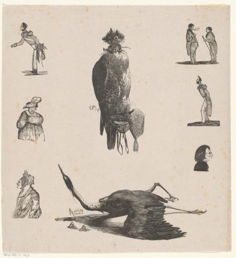 Seven figures and two birds