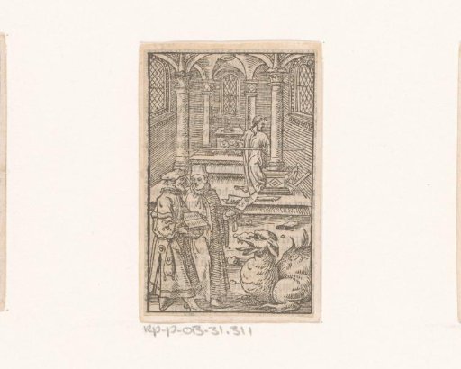 Temple with two rich figures opposite a demonic figure