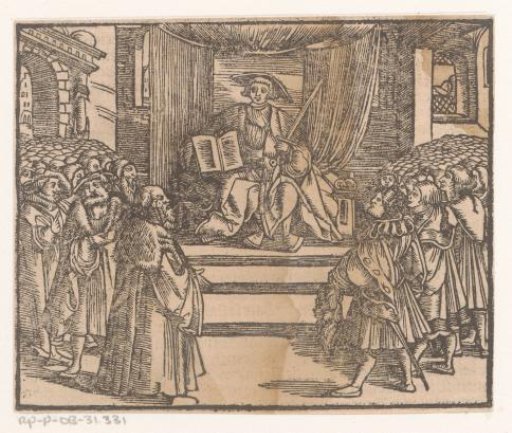 Man with a sword and a book seated on a throne before a crowd