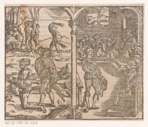 Left: scourging and beheadings, right: a man seated on a throne surrounded by other seated men