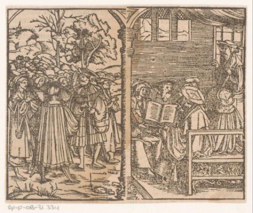 Left: a crowd, right: a man seated on a throne surrounded by other seated men with a book