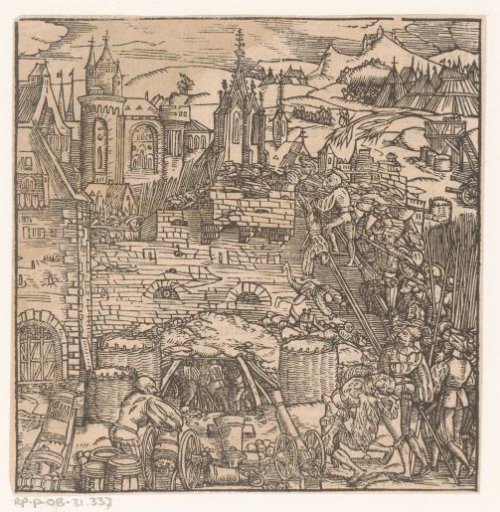 Storming of a city with a military camp in the background