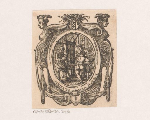 Vignette with men at work in a workshop and the coat of arms of the city of Amsterdam