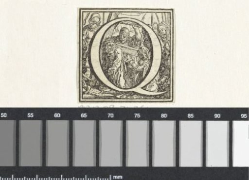 Letter Q in a frame with a representation of the meeting of Christ with Veronica during the carrying of the cross