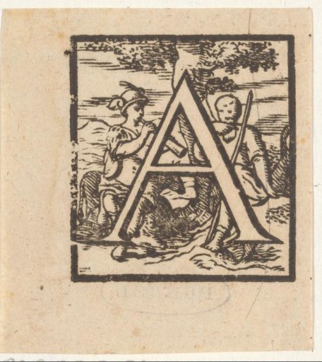 Letter A in a frame with a representation of a shepherd and a figure with a winged helmet blowing on a trumpet