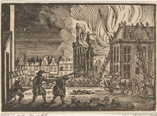 Firemen extinguishing a burning house on a market square in Haarlem