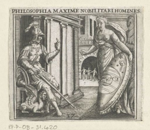 Soldier and allegorical figure with a shield