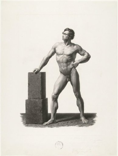 Nude man, leaning with the right hand on a stone block