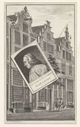 Portrait of Hendrik Busserus; the portrait appears to lie upon a row of houses with the house of the subject