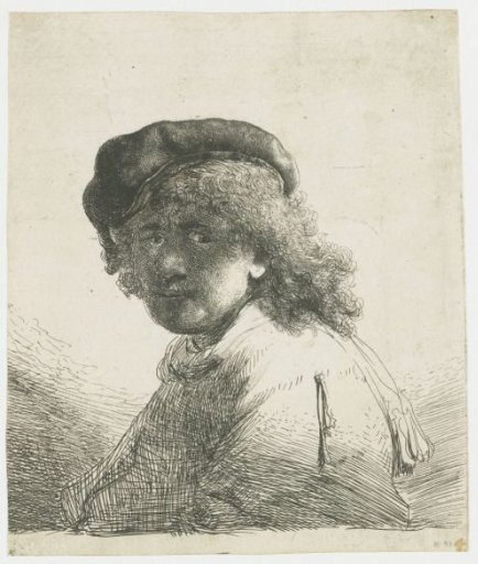 Self-portrait in a cap and scarf with the face dark: bust