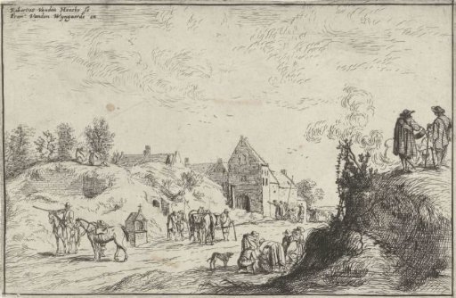 Many figures on a path near a village