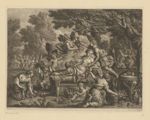 Half-naked goddess is adorned with flowers on a state bed by flying nymphs