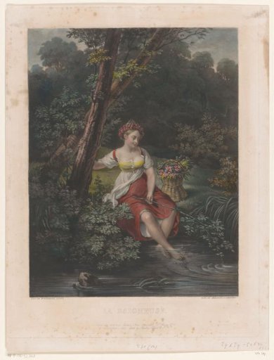 Young woman with flower wreath and feet in the water