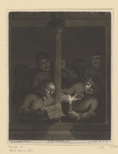 Three Men Singing from a Sheet of Paper by Candlelight in an Open Window