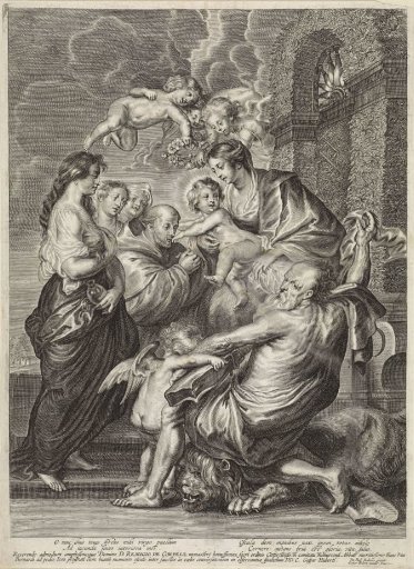 Mary with the Christ Child, surrounded by saints and angels