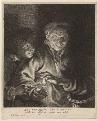 Old woman and boy with candles