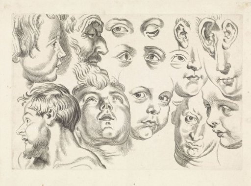 Studies of faces, eyes and ears