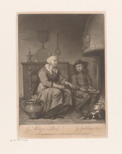 Interior with a cookie baker and boy by a fireplace