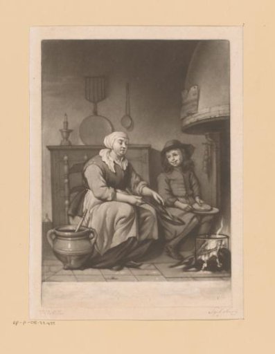Interior with a cookie baker and boy by a fireplace