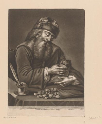 Man at a table with a money bag and coins