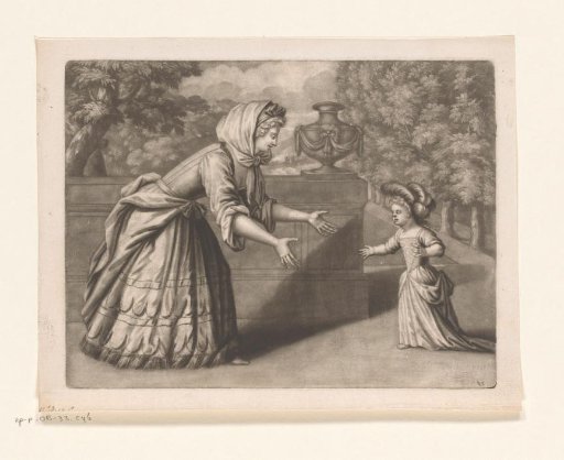 Woman stretching her arms towards a child in a garden