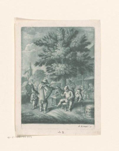 Two figures playing violin and hurdy-gurdy in front of an inn