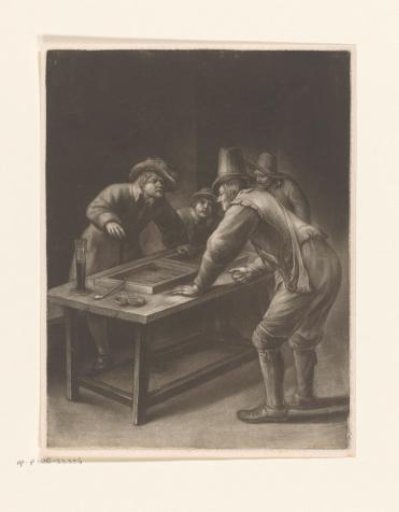 Four men around a gaming table with tric-trac