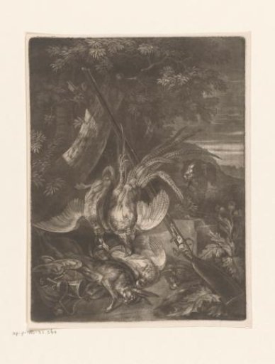 Hunting still life with game birds, hare and gun