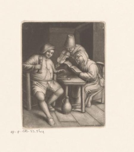 Drinking man, violinist and singing woman at a table