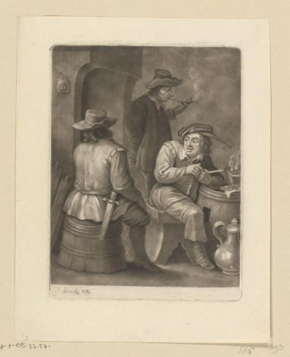 Inn interior with two smokers and a man sitting on a cask
