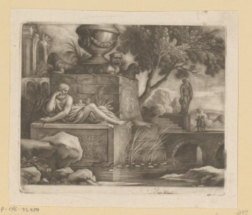 Landscape with Ruins, Sculptures and Two Figures on a Bridge