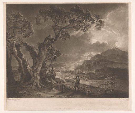 Coastal landscape with storm, lightning strike and shipwreck