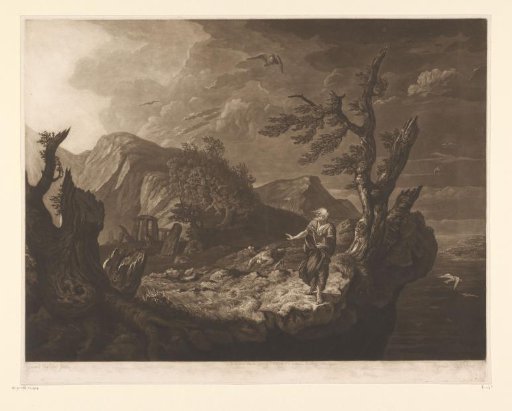 Stormy landscape with shepherd at the edge of a cliff
