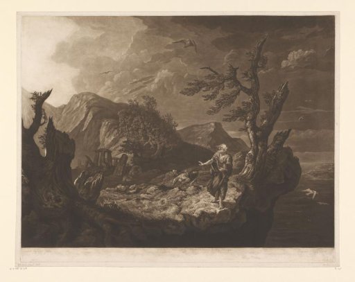 Stormy landscape with shepherd at the edge of a cliff