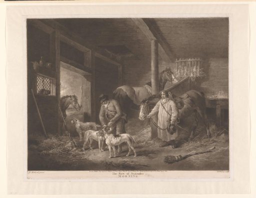Hunters in the stable preparing their animals