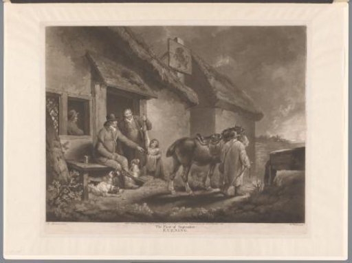 Hunters and hunting dogs with their game at an inn
