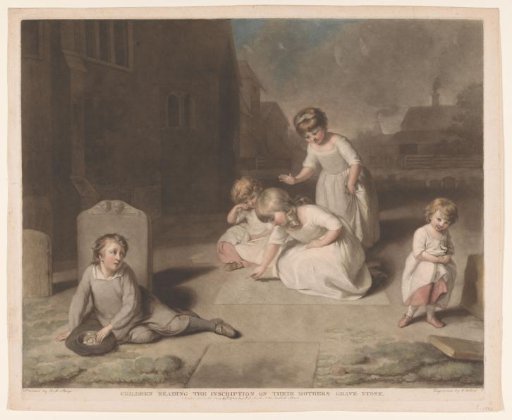 Children reading the inscription on their mother's tombstone