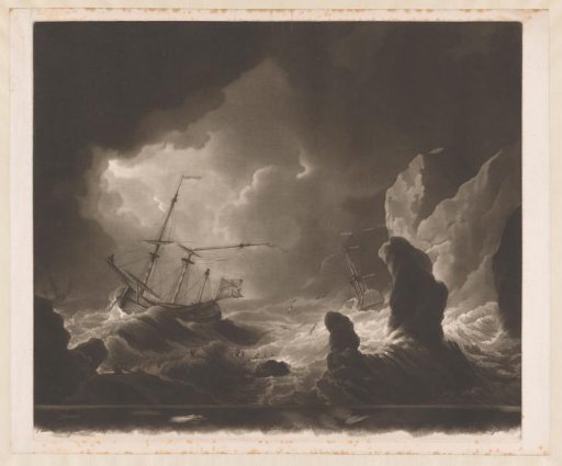 Three ships in a storm at sea near rocks