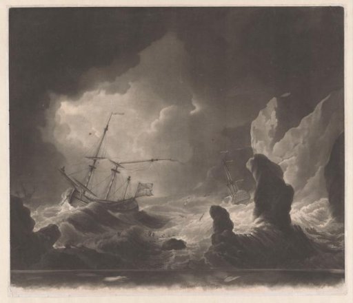Three ships in a storm at sea near rocks