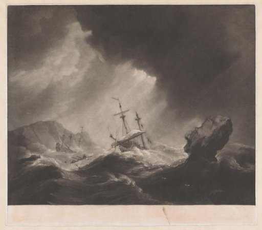 A dark mezzotint of a three-masted ship heeling over in a storm, sails torn, a second wrecked ship breaking up on rocks behind it.