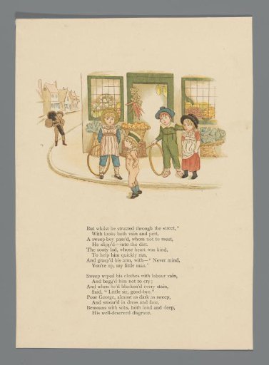 Four playing children in front of a shop