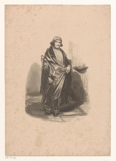 Man with torch by a holy water font standing on a tombstone