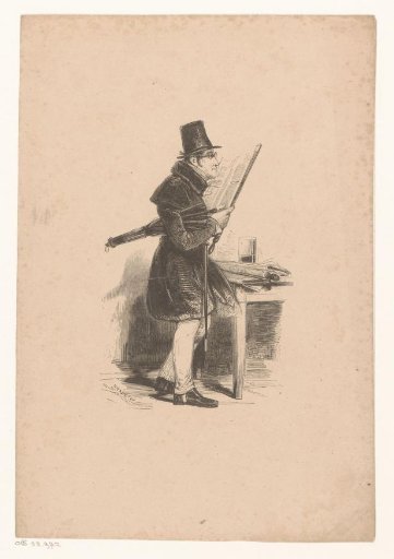 Man with hat and umbrella reading a newspaper