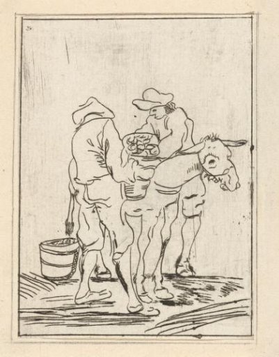 Two figures with a donkey