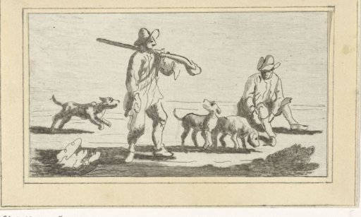 Two hunters with three hunting dogs