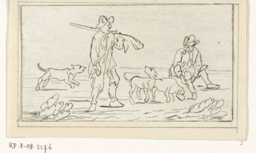 Two hunters with three hunting dogs