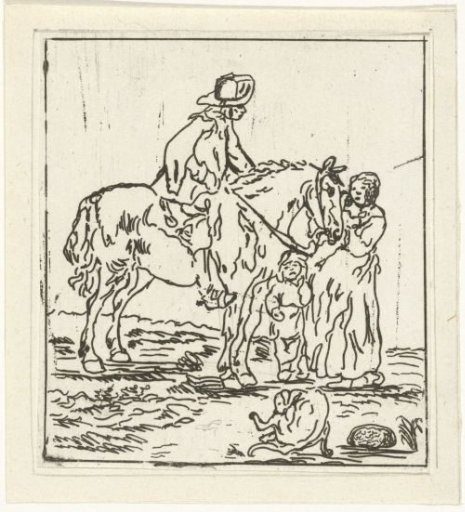 Man on horseback with woman and child